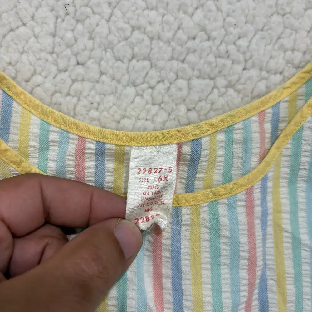 Vintage Seersucker Tank Top‎ Girls Size 6X Rainbow Stripe Button Strap Crop Top